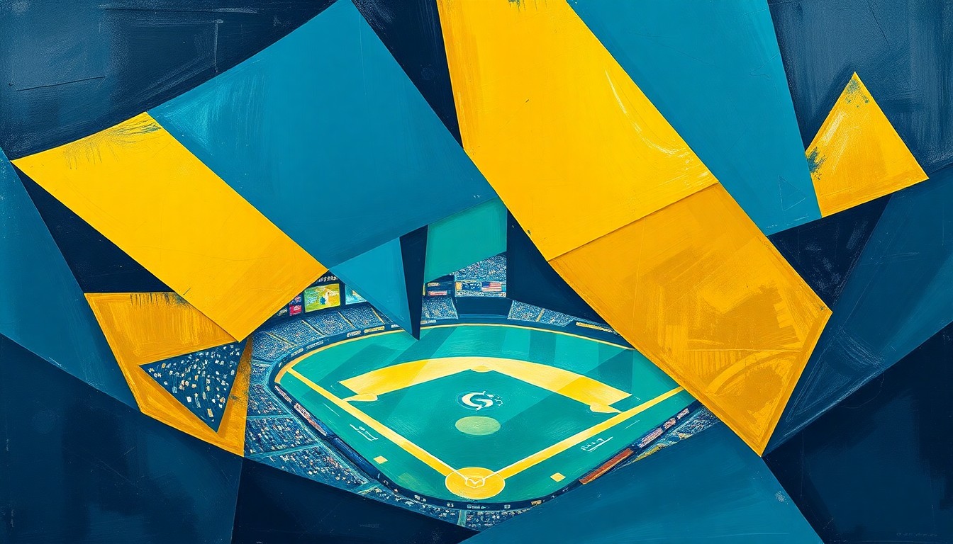 A cubist, geometric painting depicting a baseball game in motion, with overlapping shapes and planes of navy, teal, and gold representing the dynamic action on the field.