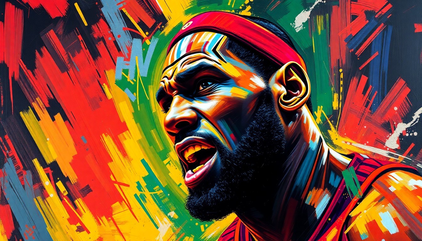 An abstract, expressionist painting featuring bold, energetic brushstrokes in neon shades of orange, yellow, and blue, conceptually representing the nervous intensity and raw athletic power of LeBron James during his first NBA playoff game.