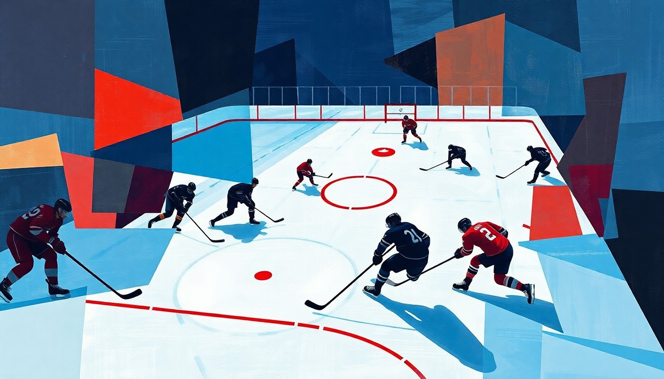 A cubist, geometric painting depicting the chaotic action of a hockey game, with fragmented shapes and planes of blue, red, and white representing the ice, players, and equipment.