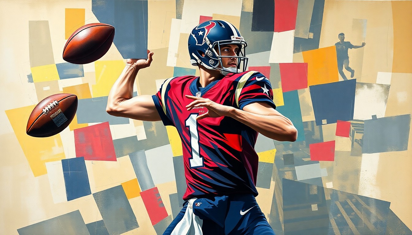 A fragmented, cubist-style painting depicting a Houston Texans quarterback dropping back to pass, with the figure and action broken down into sharp, overlapping geometric shapes and planes, conveying a sense of the high-pressure dynamics the player faces in the upcoming season.