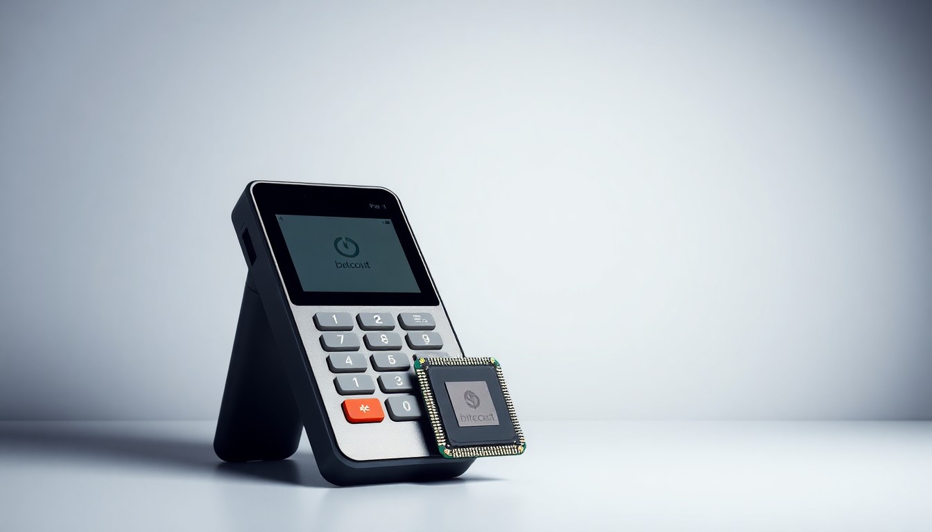 A photorealistic studio still-life image featuring a sleek, modern payment terminal and a quantum computing processor, arranged elegantly on a clean, monochromatic background with dramatic lighting and shadows, conceptually representing the intersection of fintech and quantum computing.