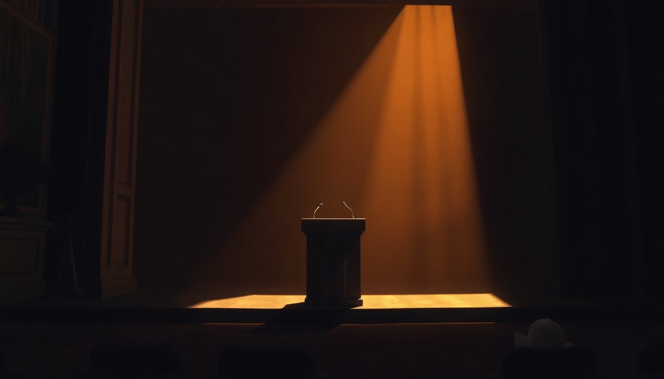 A dimly lit, cinematic painting of a solitary podium or lectern in a political setting, with warm diagonal sunlight and deep shadows, conceptually representing the solemn and reflective tone of Harris' remarks on America's foreign policy.