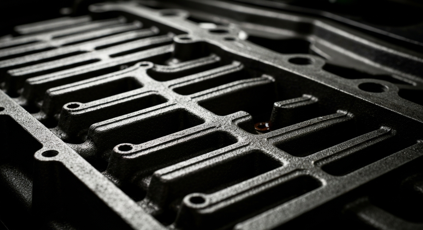 An extreme close-up of the textured surface of a car's engine block, showcasing the intricate patterns and colors of the metal, oil, and other materials that make up the heart of a modern automobile.