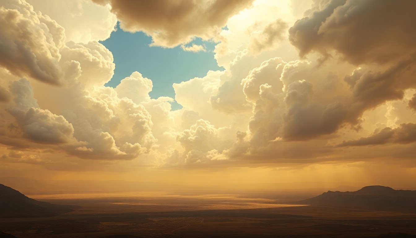 A vast, majestic landscape painting in muted tones of gray, blue, and gold, depicting the dramatic, sweeping clouds and hazy light of a warm, high-pressure weather system over the Las Vegas valley. The city's buildings and infrastructure are dwarfed by the overwhelming atmospheric conditions, conveying the sublime scale of the natural world.