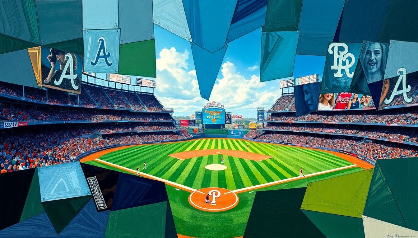 A cubist, geometric painting depicting a baseball game between the Atlanta Braves and Philadelphia Phillies, with the players and field fractured into sharp, overlapping planes of color.