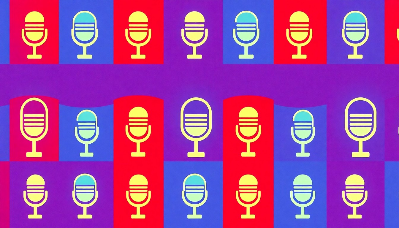 A vibrant, pop art-inspired illustration featuring a repeated silkscreen image of a microphone icon in a grid, conceptually representing the public speaking and debate skills of the middle school students participating in the tournament.