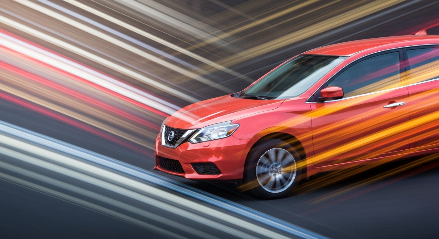 An abstract, blurred image of a 2018 Nissan Sentra in motion, conveying a sense of speed and the dynamic nature of automotive technology.