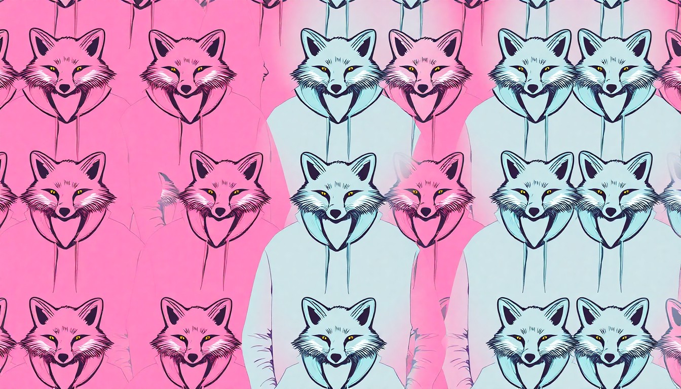 A high-contrast, silkscreen-style illustration featuring a repeating grid pattern of a gray and pink white fox hoodie, rendered in a bold, neon color palette that transforms the everyday item into a modern pop art piece.