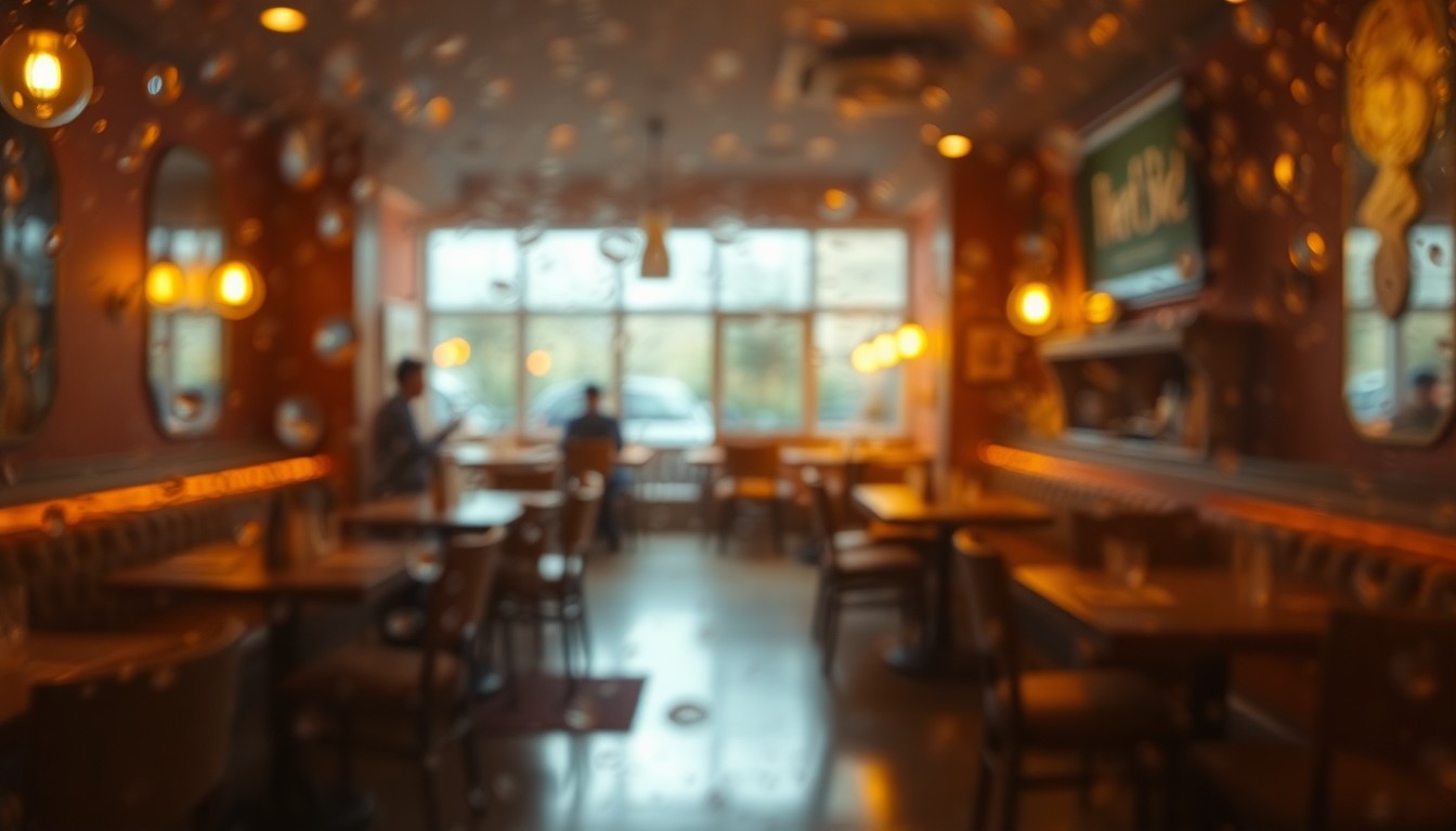 An extremely blurred, abstract photograph showing the warm, hazy interior of a bar or restaurant, with pools of amber light and muted colors, conveying a sense of inviting atmosphere.