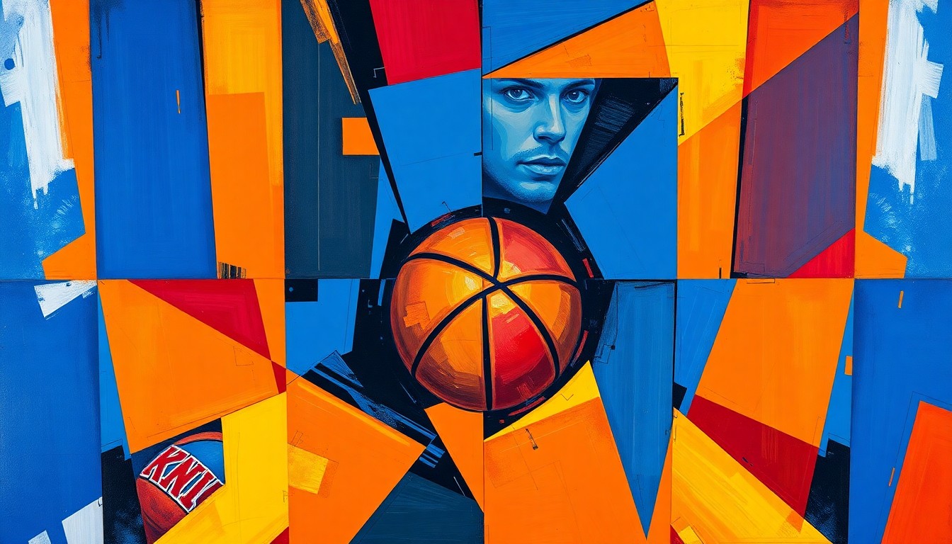 A fractured, multi-perspective painting in bold, clashing colors that breaks down a basketball game between two teams into sharp, overlapping geometric shapes, conveying the intensity and competitiveness of the playoff matchup.