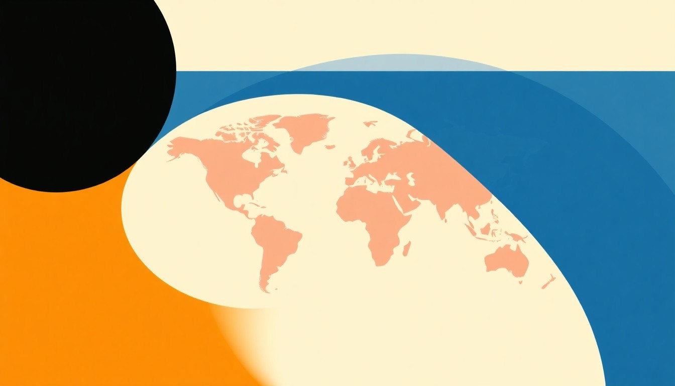 A geometric abstract illustration composed of intersecting triangles and circles in shades of blue, red, and yellow, conceptually representing the shifting dynamics of global energy trade.