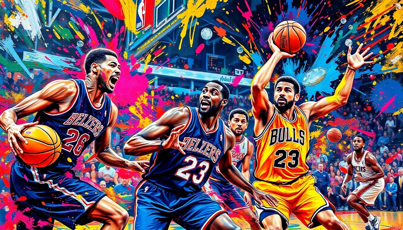 An abstract, expressionist painting in vibrant neon colors depicting the fast-paced action of an NBA playoff basketball game, with players' forms dissolving into energetic brushstrokes and splashes of paint.
