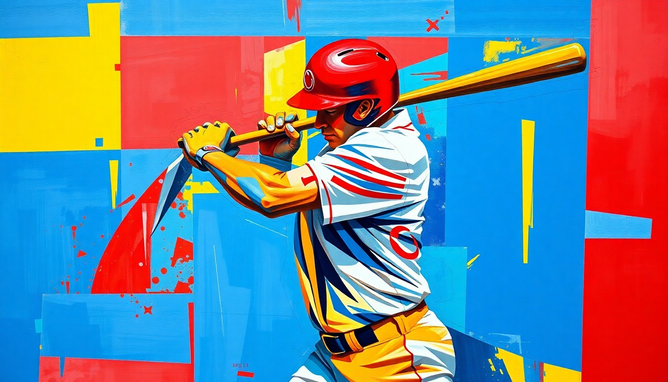 A fragmented, geometric painting depicting a baseball player mid-swing, with sharp planes of color and form capturing the raw power and energy of the athletic movement.
