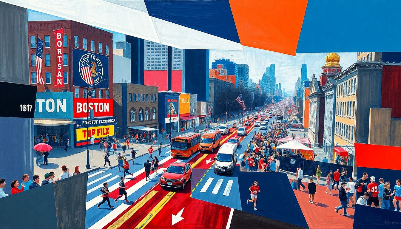 A fractured, multi-perspective painting in a cubist style, breaking down the Boston Marathon route, spectators, and various modes of transportation into sharp, overlapping geometric planes in vibrant navy blue, red, and white colors, conceptually representing the complexities of navigating the event.