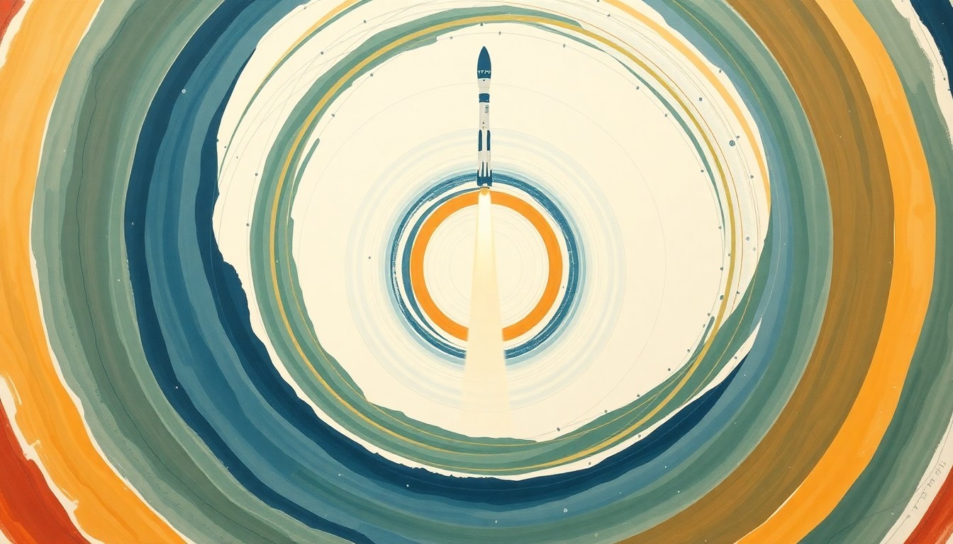 A highly textured, abstract painting in soft shades of blue, green, and orange, depicting the powerful launch of a rocket through sweeping geometric forms and precise, interlocking spirals, conveying the structural energy and precision of the event.