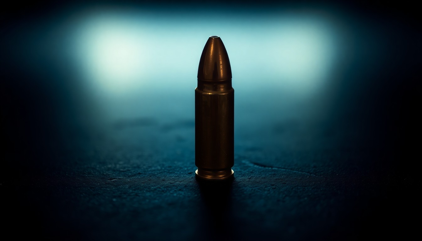An extreme close-up of a single bullet casing on a dark surface, lit by a harsh, direct camera flash, conceptually representing the aftermath of a deadly shooting incident.