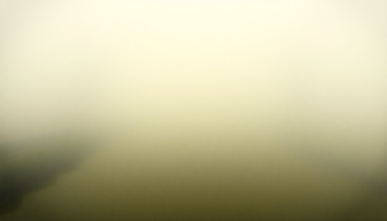 A sweeping, atmospheric landscape painting in muted tones of green, grey, and brown, depicting the Industrial Canal in New Orleans obscured by heavy fog, conveying a sense of the overwhelming power and melancholy of the natural environment.