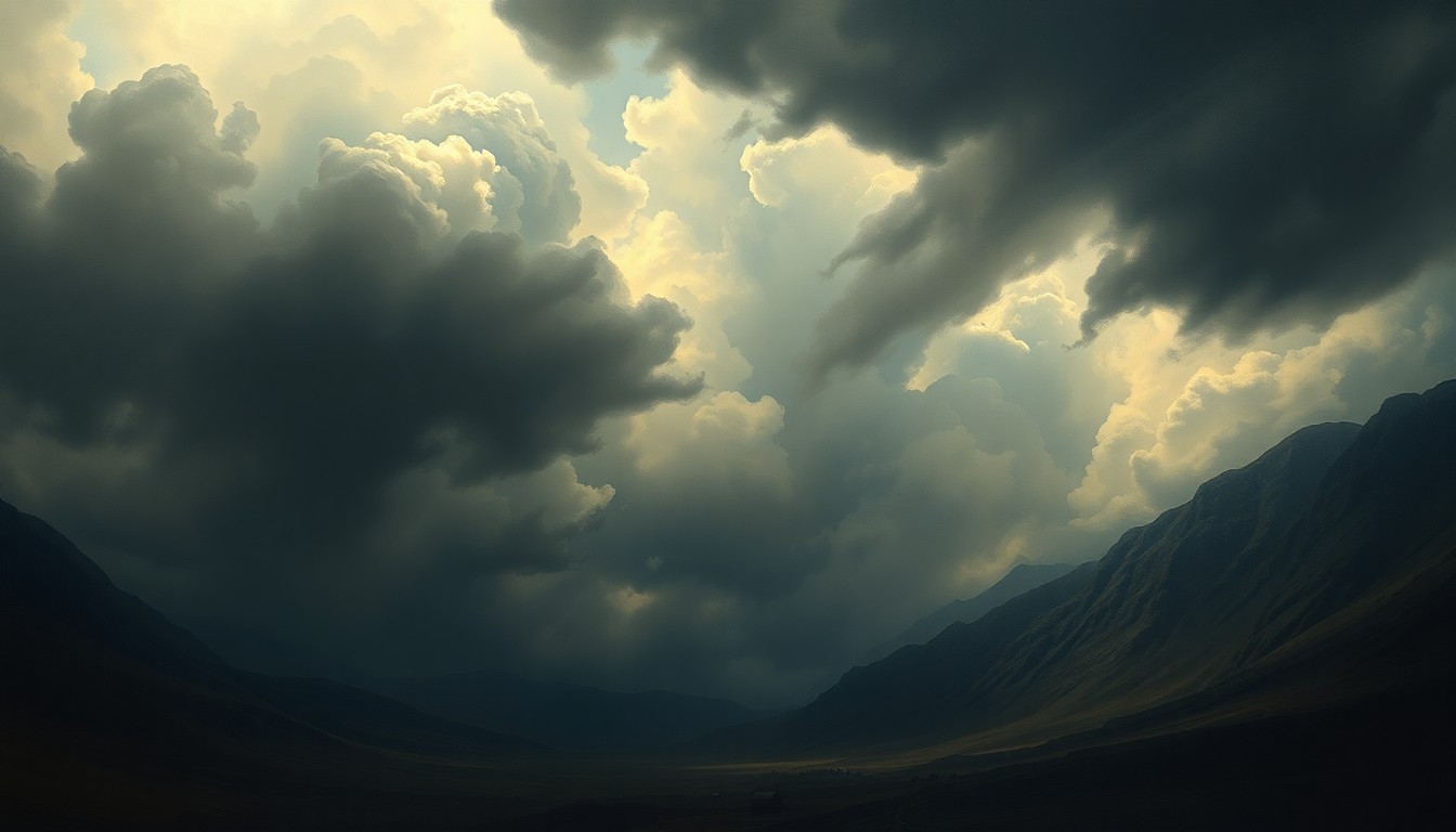 A sweeping, atmospheric landscape painting in muted tones of grey, blue, and gold, depicting a vast, open sky filled with ominous storm clouds that dwarf the small structures and objects below, conveying a sense of the sublime scale and power of the natural world.