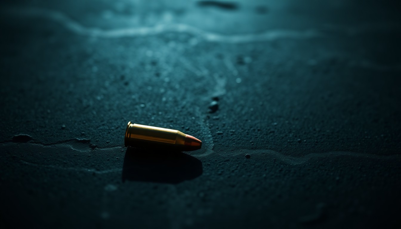 An extreme close-up photograph of a single spent bullet casing on a dark concrete surface, lit by a harsh camera flash to create a stark, gritty, investigative aesthetic.
