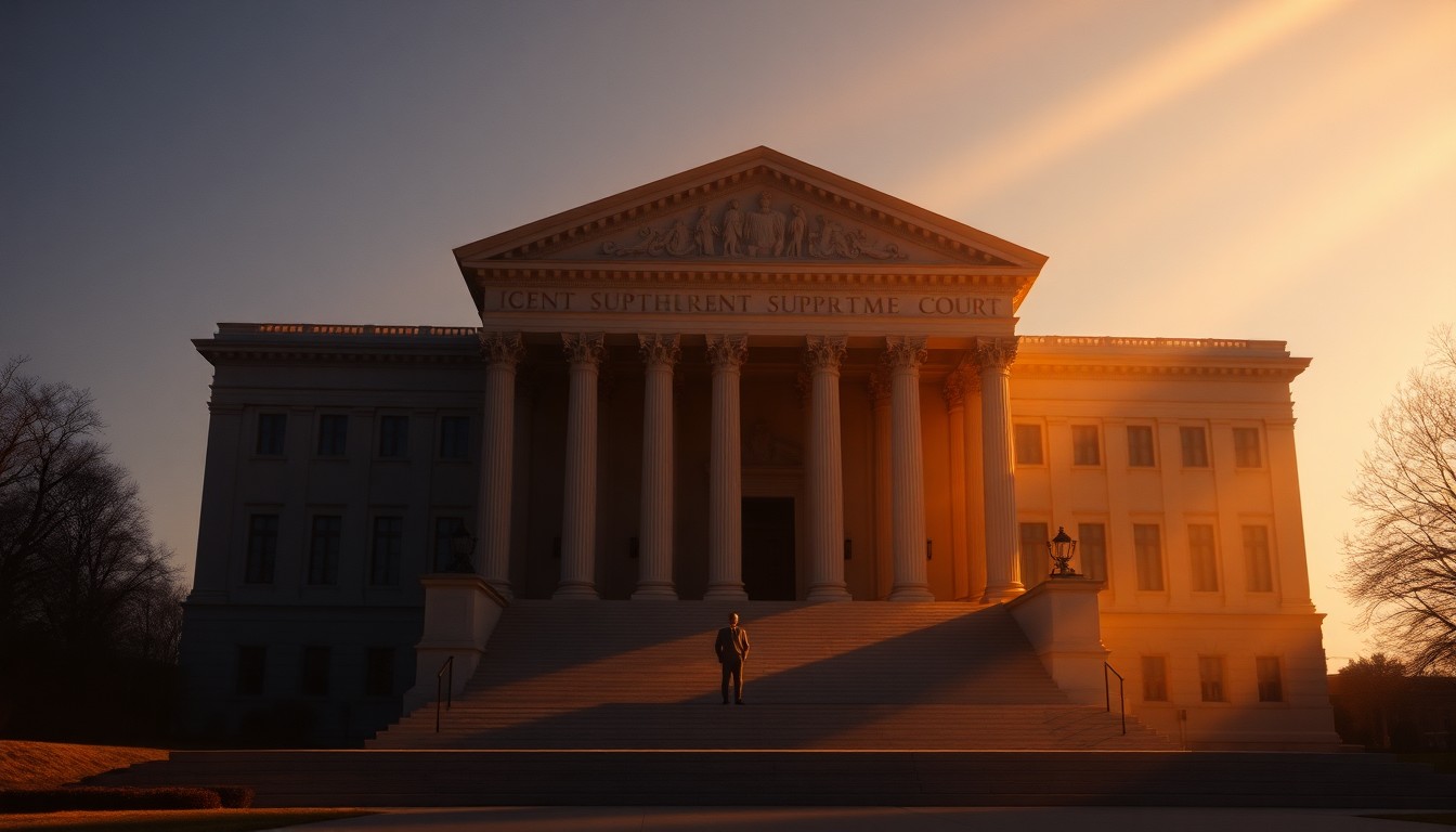A photorealistic painting of a stately Kentucky Supreme Court building in warm, golden light, with a lone figure standing on the steps, conveying a sense of political tension and uncertainty.