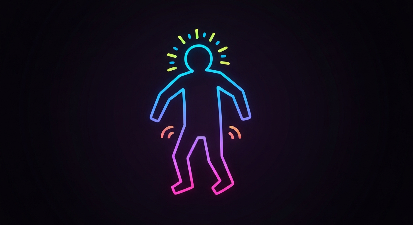 A minimalist, neon-outlined figure in a dynamic pose against a dark background, conveying the determination and resilience of a cancer patient.