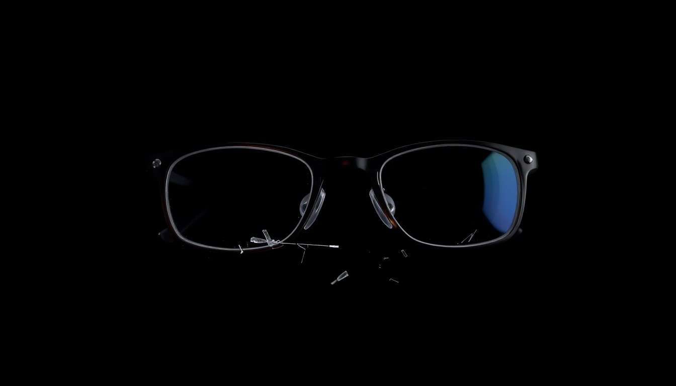 An extreme close-up photograph of a broken pair of eyeglasses against a pitch-black background, conveying the aftermath and emotional trauma of a violent domestic assault.