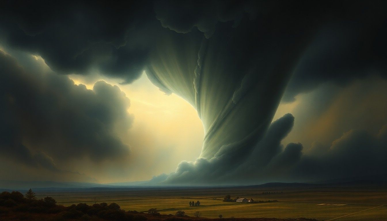 A sweeping, atmospheric landscape painting depicting a massive tornado in the distance, dwarfing the small structures and trees in the foreground and conveying the overwhelming scale and force of the natural disaster.