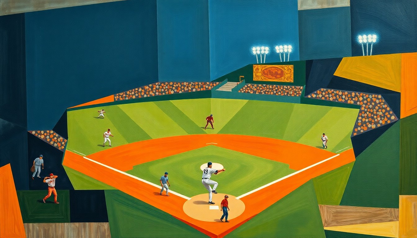 A cubist, geometric painting depicting a baseball game, with players and the field reduced to angular, overlapping shapes in a palette of navy, green, and orange.