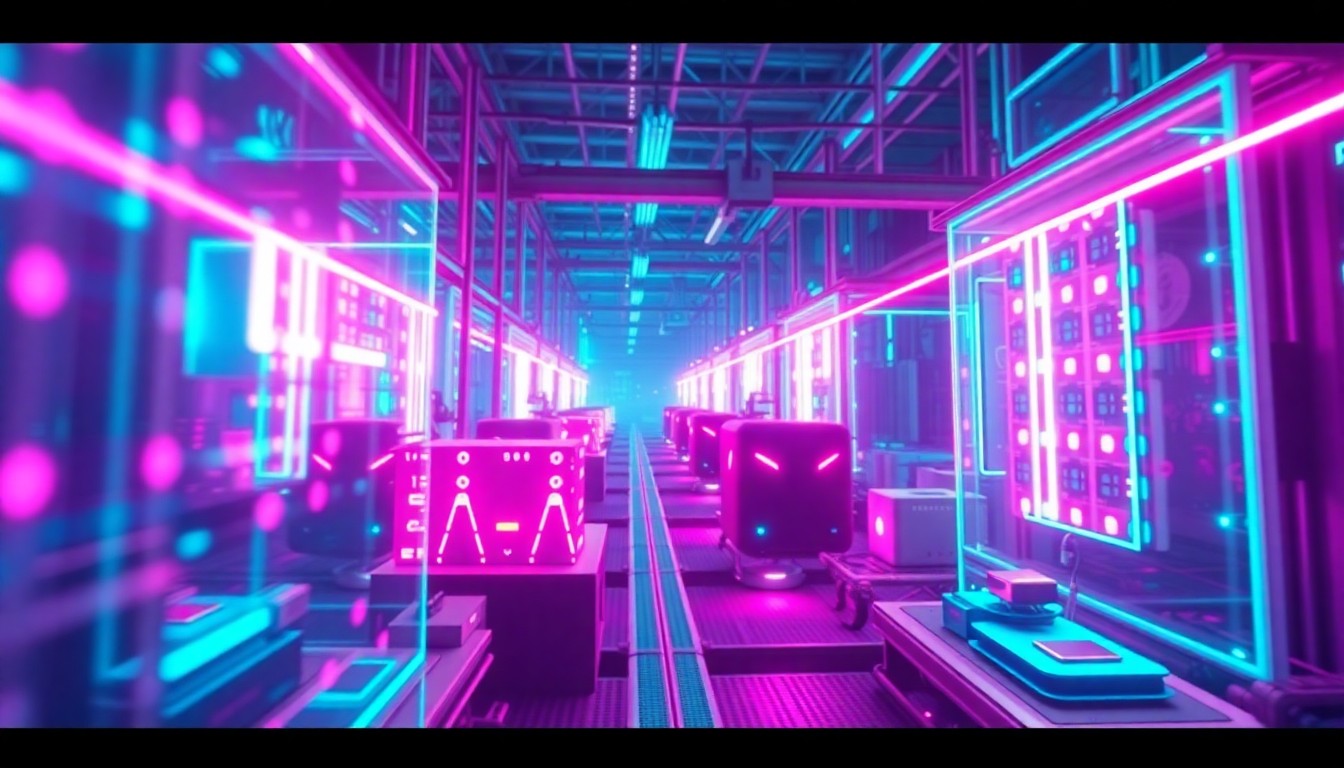 A highly detailed, 3D macro illustration of glowing, illuminated tech components and circuitry, conceptually representing the digital backbone that enables Indonesia's manufacturing revolution.