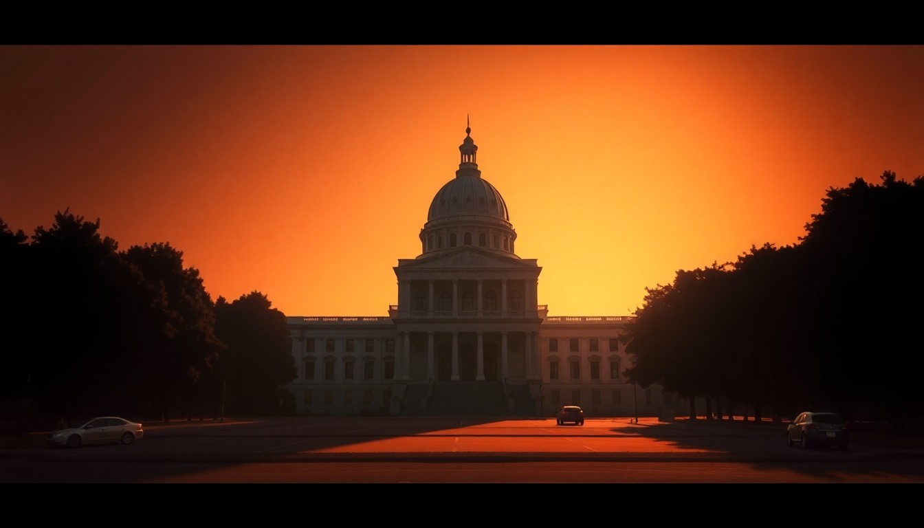 A serene, photorealistic painting of the California state capitol building in Sacramento, with the grand structure bathed in warm, golden sunlight and surrounded by deep shadows, conveying a sense of quiet contemplation about the state's political future.