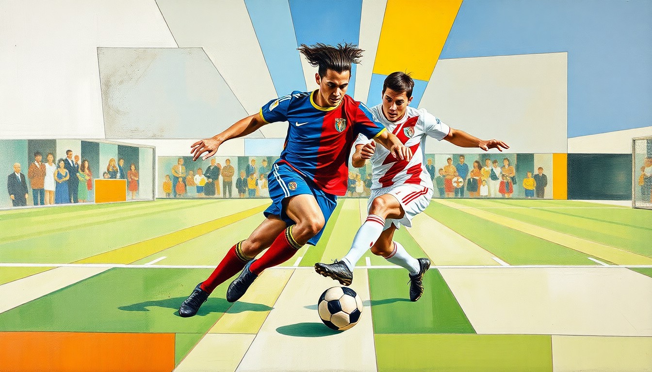 A fragmented, geometric painting depicting a soccer match between two teams, with the players and field elements broken down into sharp, overlapping planes of color and form, conveying the tactical complexity and dynamic nature of the rivalry.