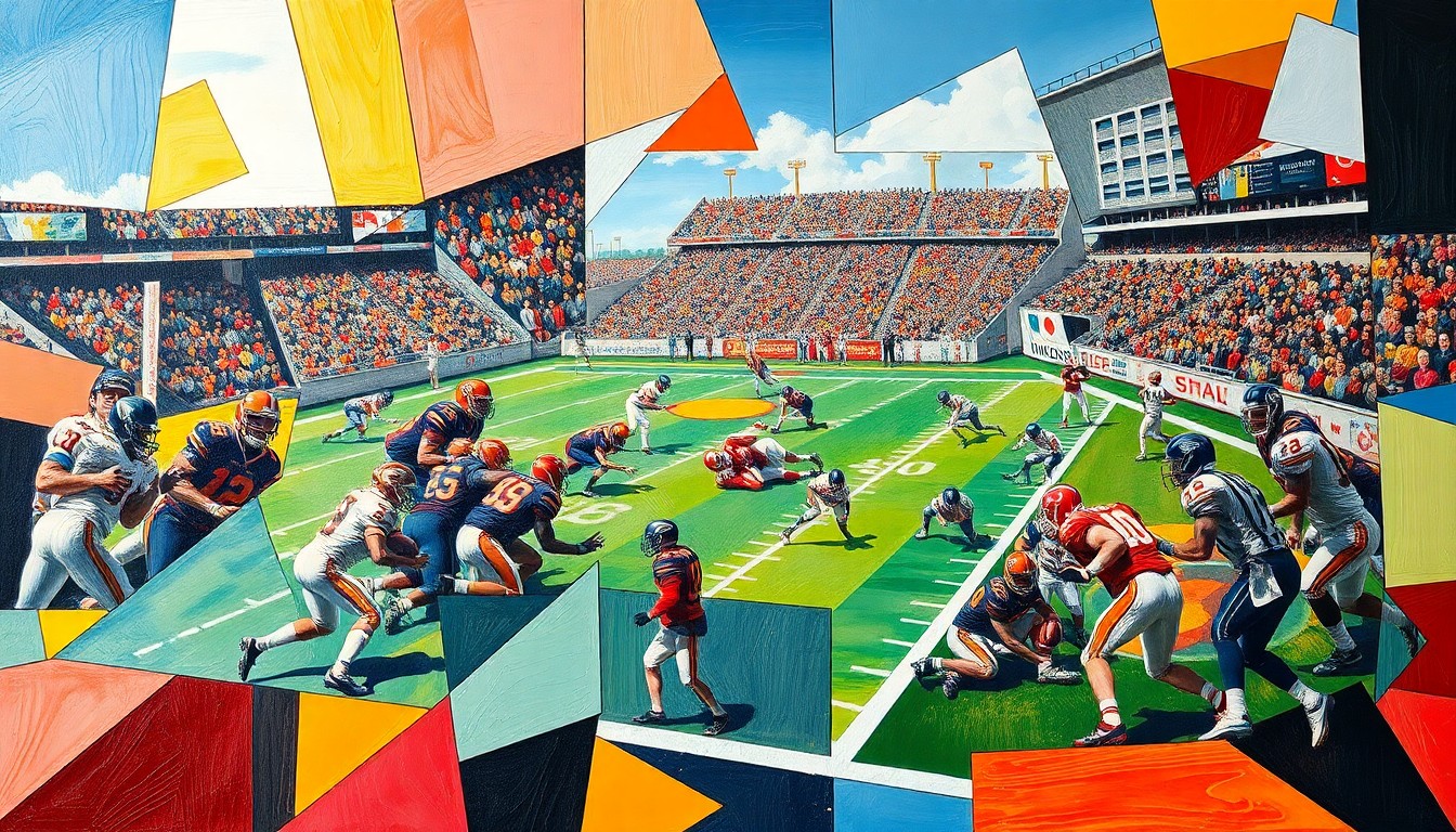 A cubist-style painting featuring fragmented geometric shapes and planes of color representing a college football game, capturing the dynamic energy and movement of the sport.