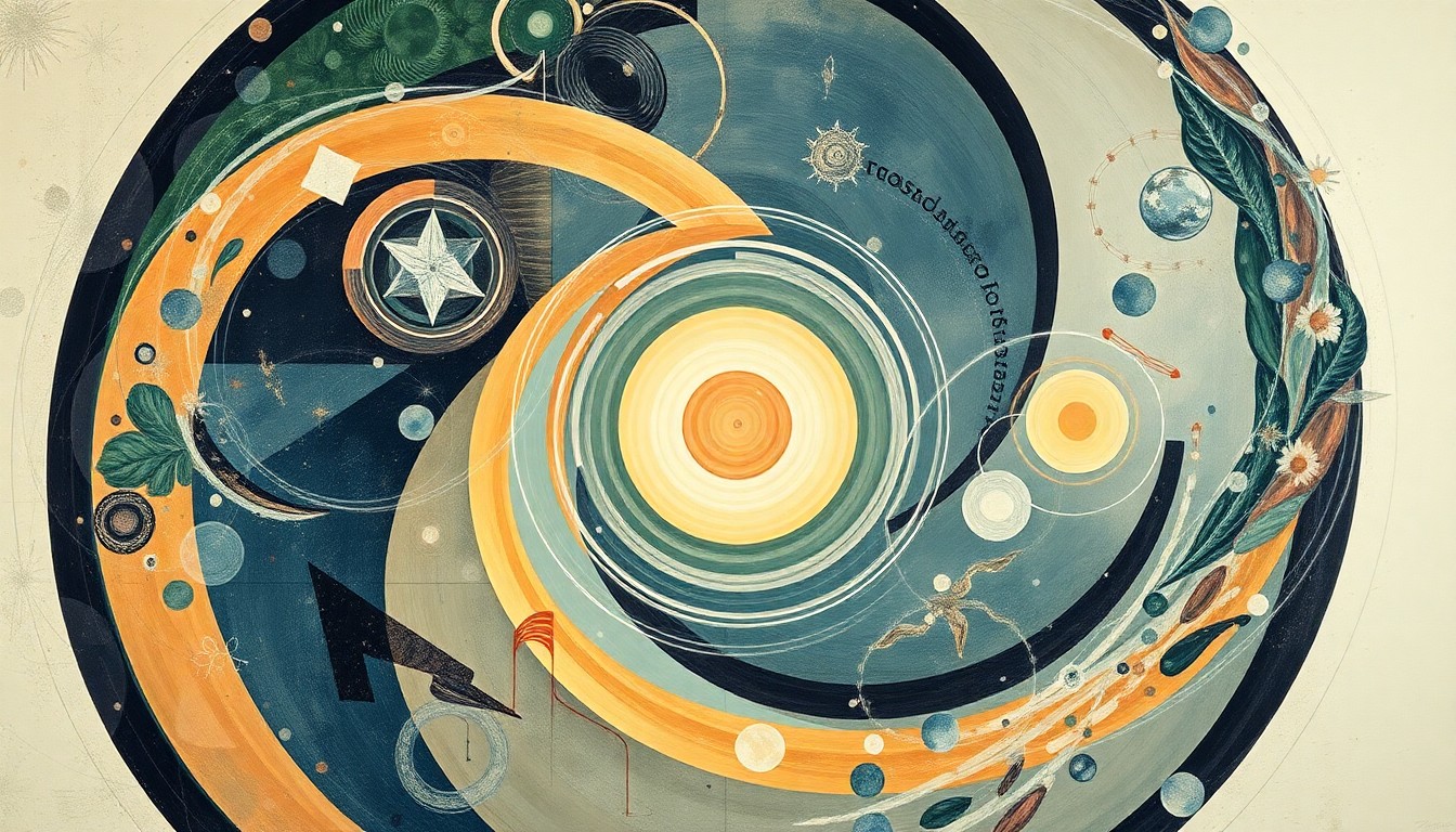 A vibrant abstract painting featuring sweeping geometric arcs, concentric circles, and precise spirals in a soft color palette, conceptually representing the interconnected forces and structures of scientific discovery.