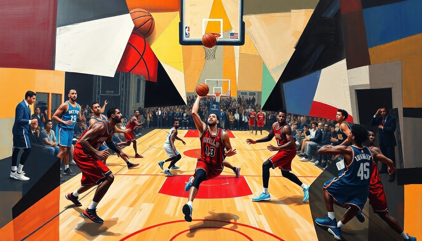 A fragmented, geometric painting depicting the movements and actions of basketball players on a court, with sharp, overlapping shapes and planes representing the intensity and energy of the playoff matchup between the Knicks and Hawks.