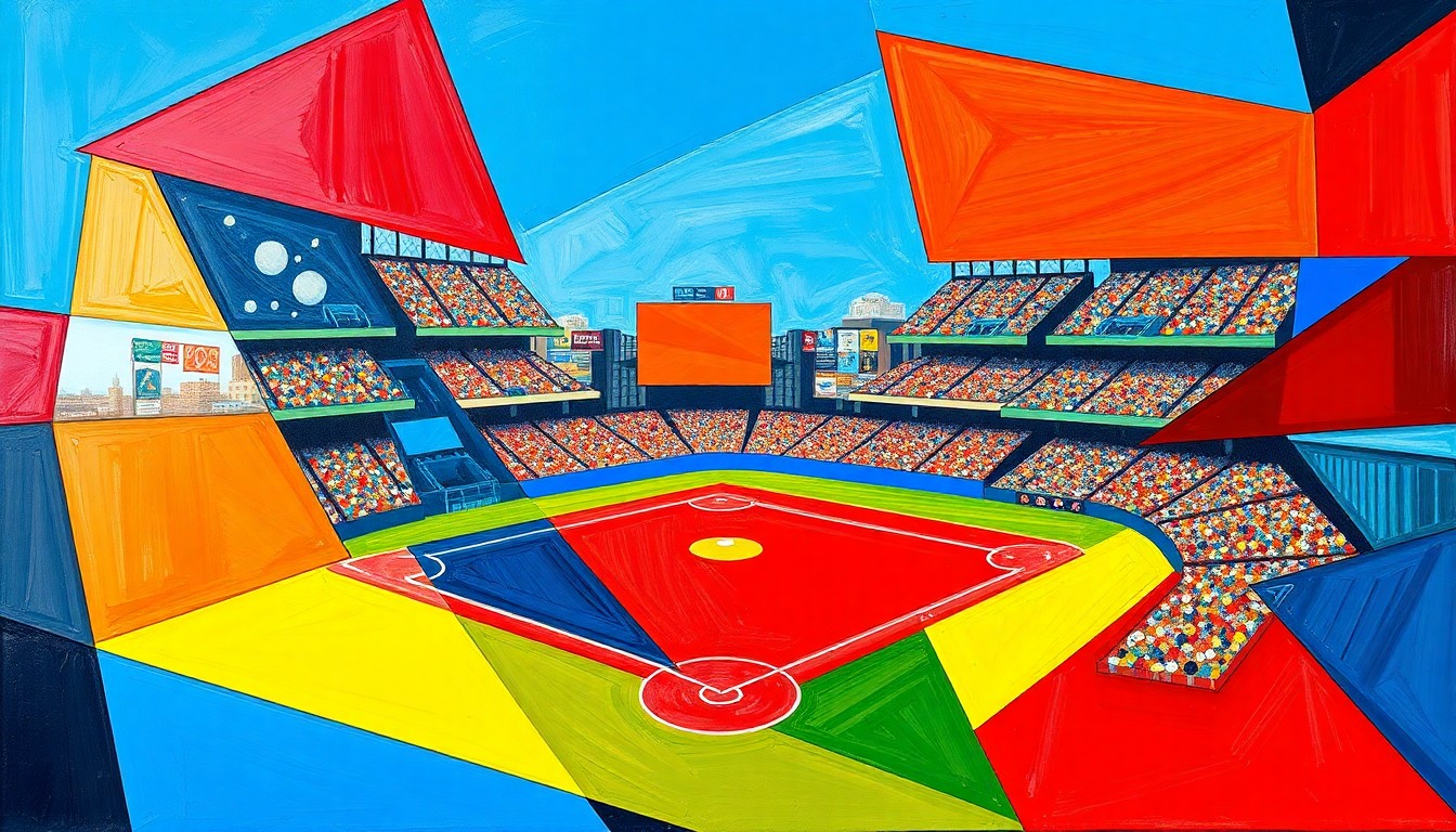A fragmented, geometric painting depicting a baseball game, with sharp planes of color representing the players, field, and action, conveying the energy and dynamism of the Mariners' win.