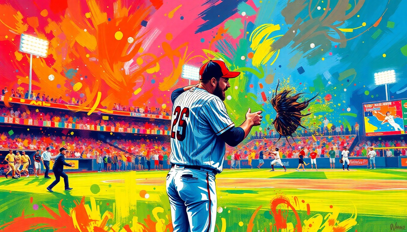 An abstract expressionist painting in vibrant neon colors, with rapid brushstrokes capturing the raw emotion and celebratory energy of a baseball player proposing to his girlfriend on the field after a big win, faces and details dissolving into unrecognizable splatters of paint.