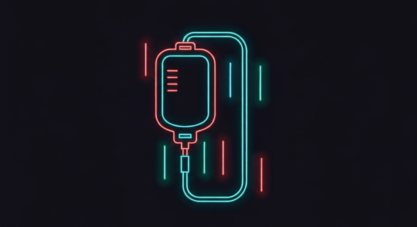 A minimalist illustration of an IV drip bag and tubing defined by vibrant neon lines against a dark background, conceptually representing the innovative wellness services offered at Prime IV's new East El Paso location.