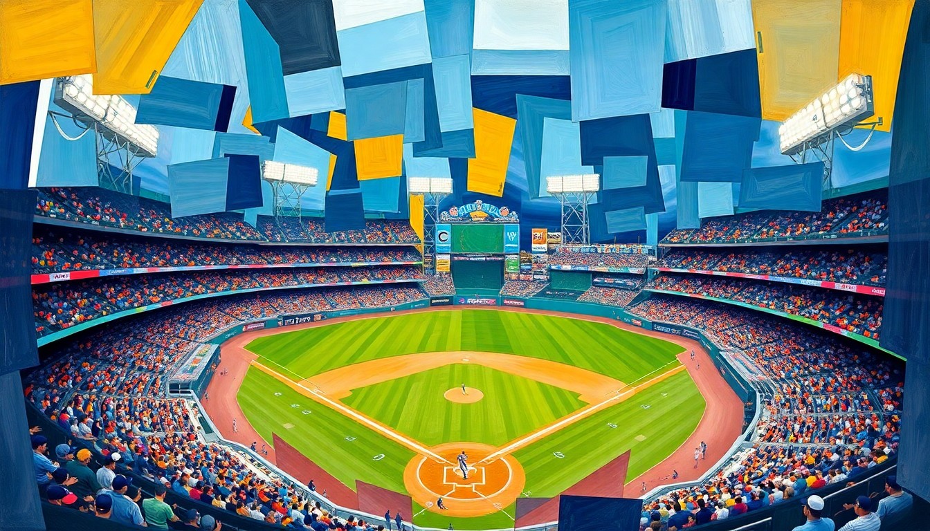 A fragmented, geometric painting depicting a baseball game, with players and field elements broken down into sharp, overlapping shapes and planes, conveying the dynamic energy and tension of the match.