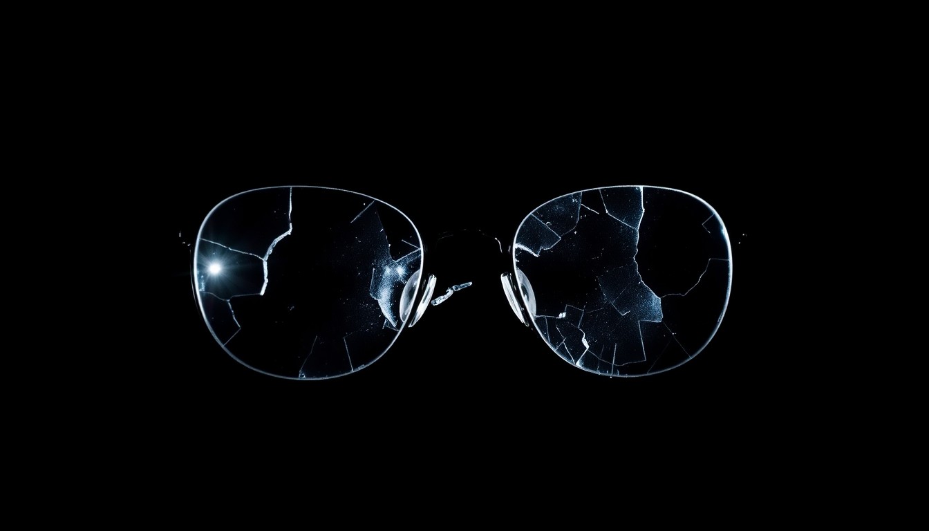 An extreme close-up photograph of a broken pair of eyeglasses against a pitch-black background, the shattered lenses and twisted metal frame conceptually representing the tragedy of a young life lost.