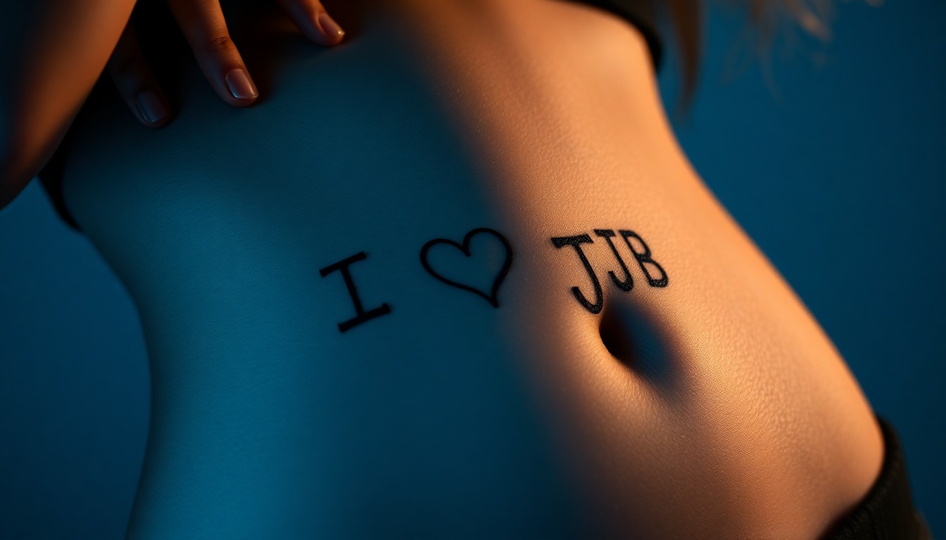 An extreme close-up photograph of a temporary tattoo on skin, featuring the words 'I Heart JB' in an intricate, glamorous design. The image uses dramatic, high-contrast studio lighting to create a sense of luxury and celebrity, focusing on the detailed textures of the temporary tattoo.