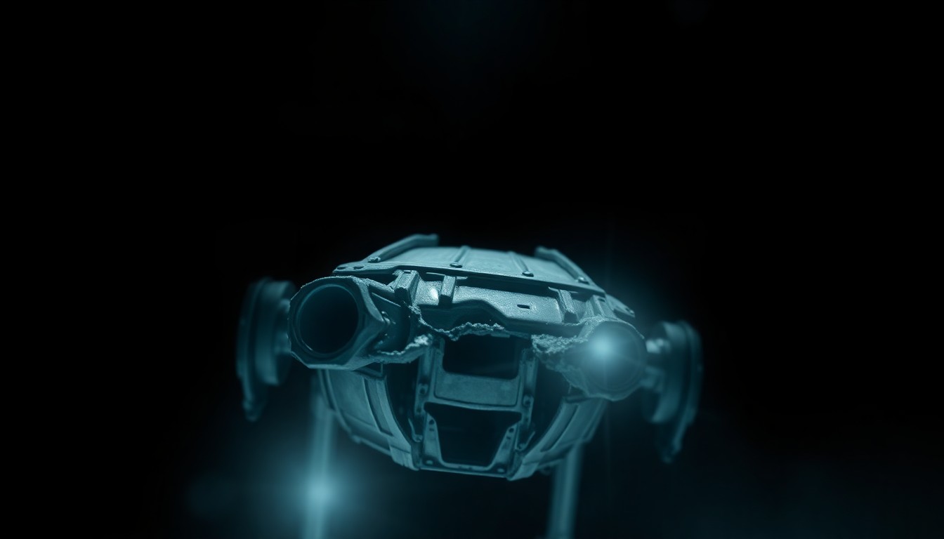 An extreme close-up photograph of a damaged walker or car part, lit by a harsh, direct camera flash against a pitch-black background, conceptually illustrating the violence and aftermath of a carjacking incident.