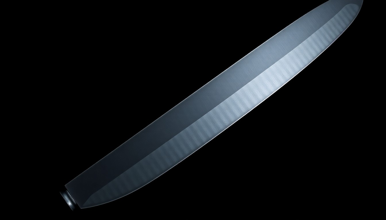 An extreme close-up of a large knife blade against a dark background, creating a stark, gritty, investigative aesthetic through the use of harsh flash lighting.