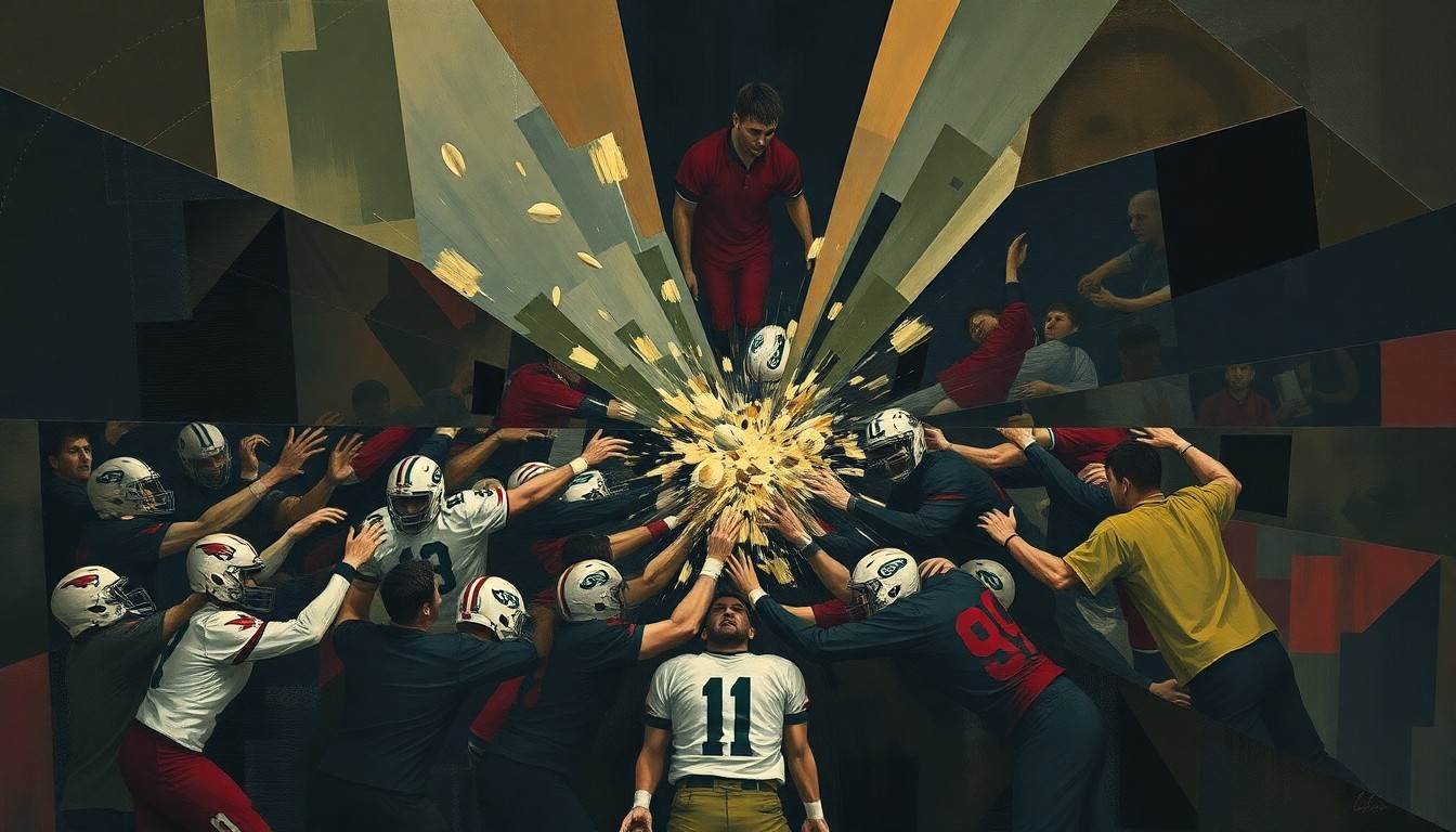 A cubist, geometric painting depicting the chaotic movements and confrontation of a sports brawl, with overlapping planes of navy, maroon, and olive green shapes conveying the raw energy and tension of the incident.