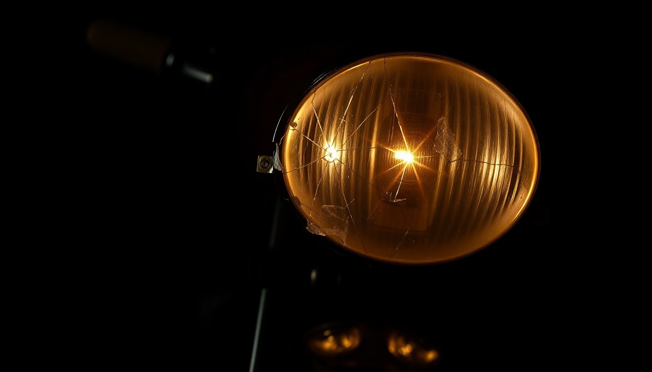 An extreme close-up photograph of a damaged motorcycle part, such as a broken mirror or cracked turn signal lens, capturing the stark, gritty aftermath of a high-speed collision.