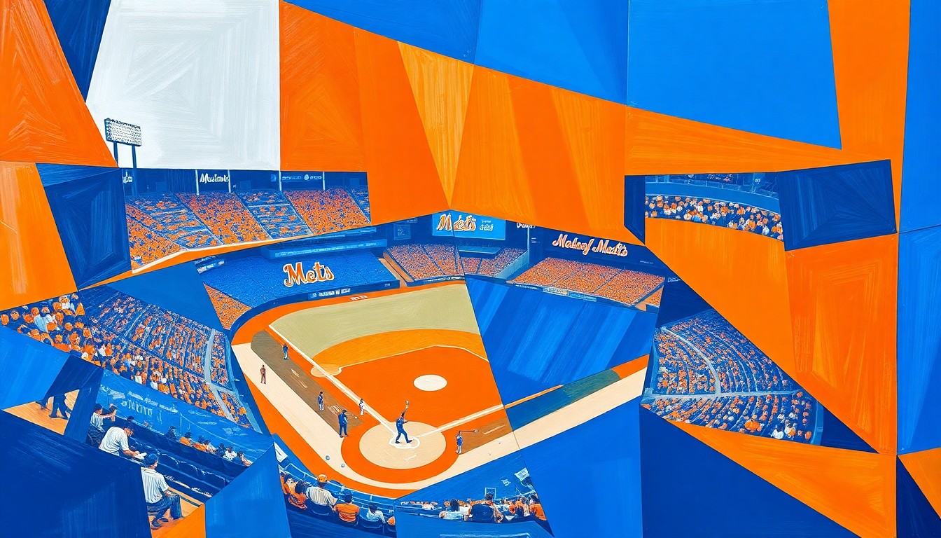 A cubist-style painting featuring sharp, overlapping geometric shapes in the Mets' blue and orange colors, conveying the team's disjointed and chaotic performance on the baseball diamond.