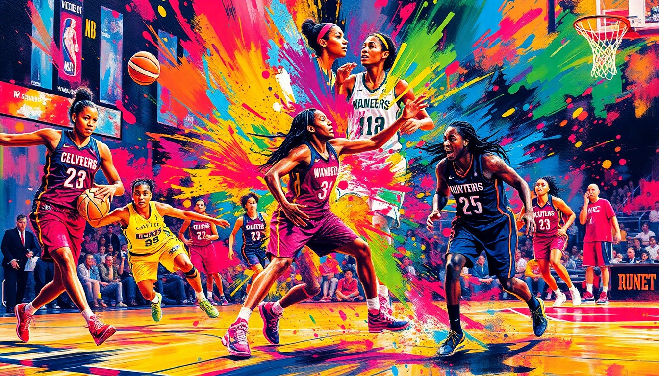 An abstract, expressionist painting in vibrant neon colors depicting the blurred, energetic movements of WNBA basketball players on a court, capturing the raw intensity of the game.