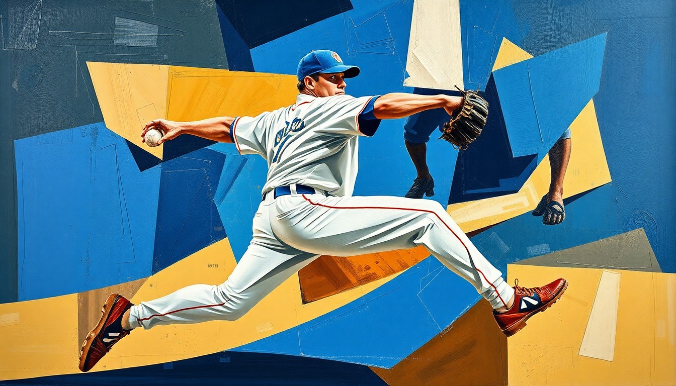 A cubist-style painting depicting the fractured, geometric motion of a baseball pitcher, rendered in a palette of deep blues, earthy browns, and bright whites to conceptually represent the Phillies' pitching staff.