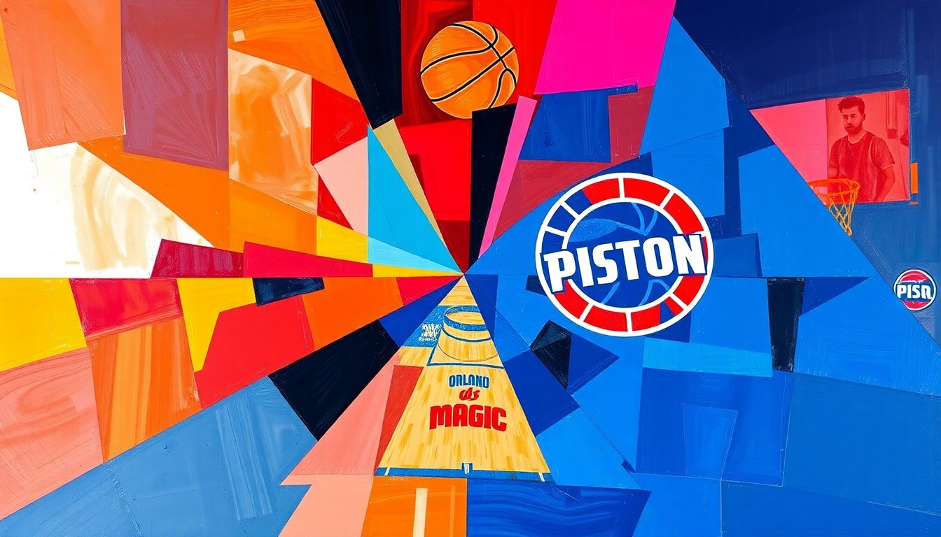 A fragmented, geometric painting featuring sharp, overlapping planes of blue, orange, red, and grey, conceptually representing the physical clash between two dominant big men on the basketball court.