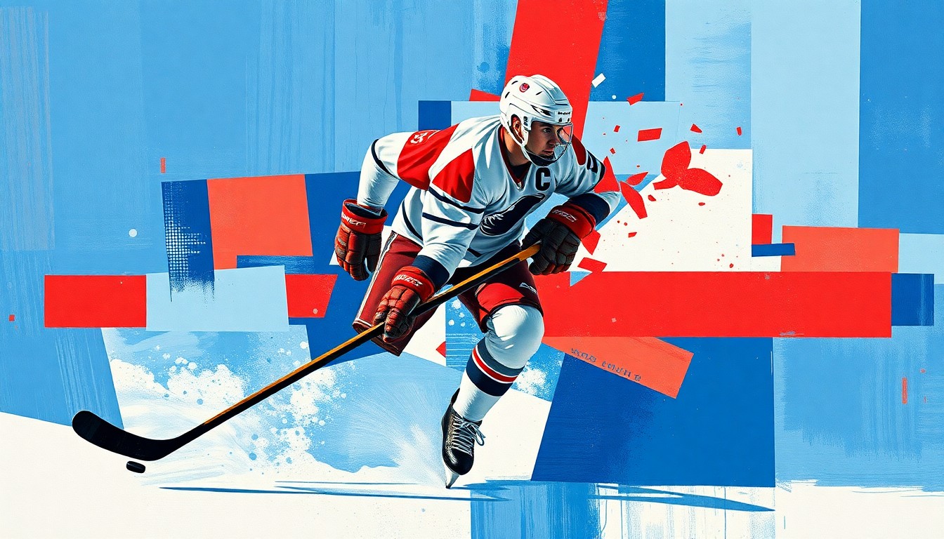 A cubist, geometric painting depicting a hockey player in motion, with sharp, overlapping planes of blue, red, and white, conceptually representing the legacy and talent of the Doan family in the NHL.