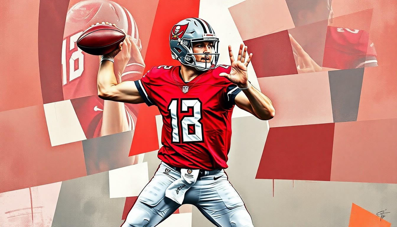 A fragmented, cubist-style painting depicting a quarterback in mid-throw, with the player's body and the football broken down into sharp, overlapping geometric shapes in the red, pewter, and white colors of the Tampa Bay Buccaneers, conveying the complex financial decisions the team faces regarding their star player.